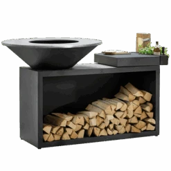 OFYR Island Black 100-100 Vuurkorf - Barbecue Met Meubel En Plank Van Donkergrijs Keramiek